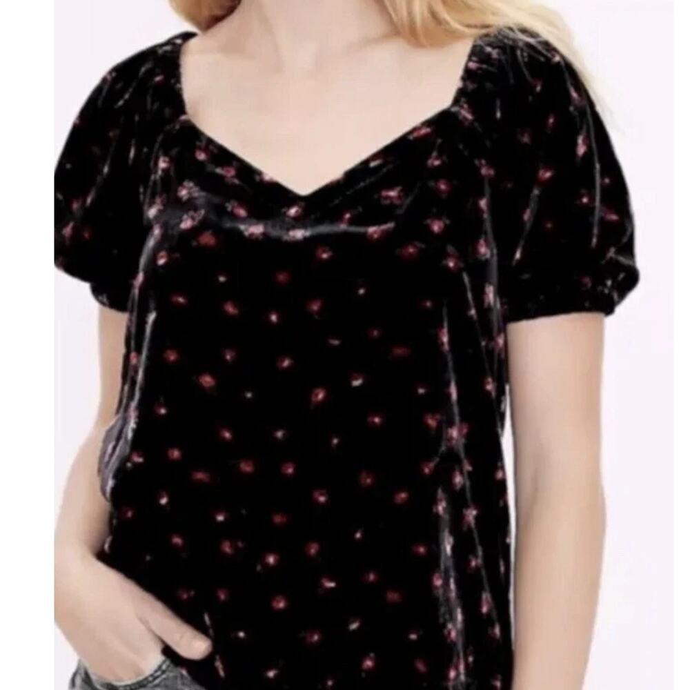 LOFT Velvet Floral Sweetheart Neck Puff Sleeve Top Black Red Roses Whimsigoth L